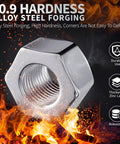 Close-up of 10 Piece 1/2-20 Open End Acorn Lug Nuts Set with flames, showing alloy steel forging and zinc plated finish.