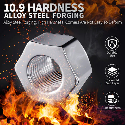 Close-up of 10 Piece 1/2-20 Open End Acorn Lug Nuts Set with flames, showing alloy steel forging and zinc plated finish.