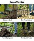 Four images of Heavy Duty 5 Tine U Shaped Broadfork Garden Tool For Loosening Soil Without Disturbing Structure 20 Inch Wide 55 Inch Tall