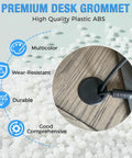 Heavy Duty 2 Inch Desk Grommet And Cord Hole Cover White Abs Cable Pass Through Insert with a black cable attached.