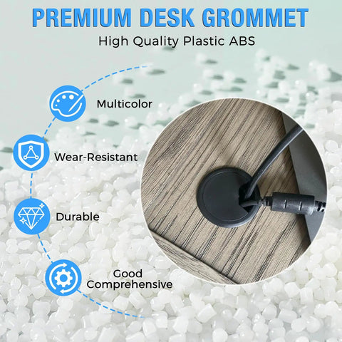 Heavy Duty 2 Inch Desk Grommet And Cord Hole Cover White Abs Cable Pass Through Insert with a black cable attached.