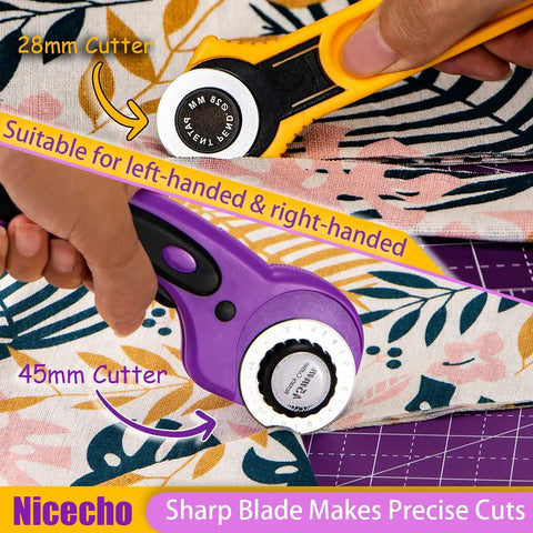 Rotary Cutter Set With 45mm And 28mm Fabric Cutters shown in use cutting floral fabric, highlighting ambidextrous design.