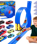 16 Foot Flexible Race Track Set For Kids with roll up DIY lanes, dual track, 2 launchers, 6 mini cars and suction cups visible