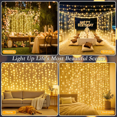 200 LED Curtain String Lights 9.8 By 6.6 Feet Plug In Fairy Lights with Timer used in wedding, birthday, home, and bedroom decor