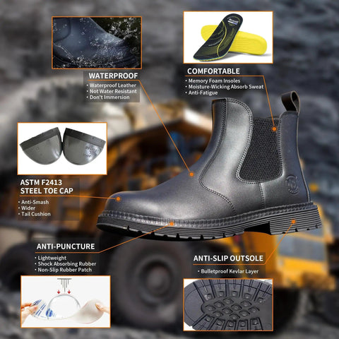 Slip On Steel Toe Go To Work Boots For Men Waterproof Non Slip Lightweight All Day Comfort Built For Tough Industrial And Construction Jobs With Impact And Puncture Protection And CSA ASTM Safety Approved