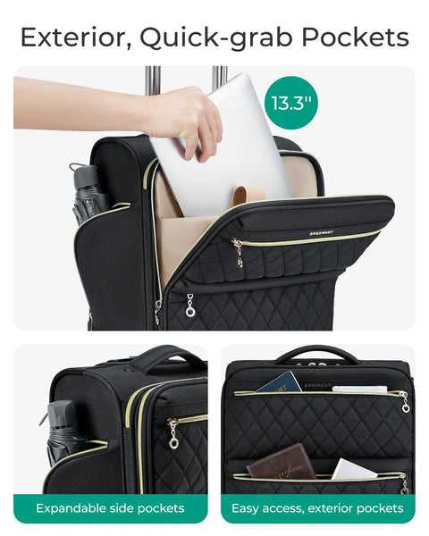 Underseat Carry On Luggage With Spinner Wheels 16 Inch Small Rolling Softside Suitcase For Women Airline Approved TSA Lock Fits Under Most Seats For Overnight Trips Black featuring exterior quick-grab pockets
