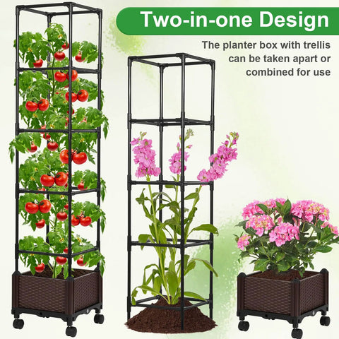 self watering tomato planter with trellis for patio, 55.9 inch raised garden bed pot with trellis, no fuss all in one kit with plant clips