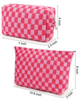 Two rose red checkered makeup bags in canvas, one 11x6 inch and one 7x4 inch, perfect for travel and daily use, ideal grab and go storage.