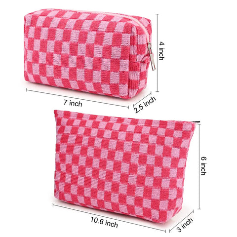 Two rose red checkered makeup bags in canvas, one 11x6 inch and one 7x4 inch, perfect for travel and daily use, ideal grab and go storage.