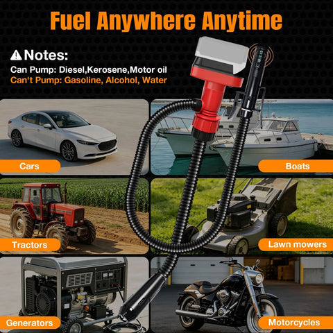 Cordless Fuel Transfer Pump With Auto Stop Portable Spill Free Quick Fill For Fuel Transfer Works With DeWalt 20V And Milwaukee M18 Batteries Great For Lifting Drums And On The Go. For cars, boats, tractors, mowers, generators, and motorcycles