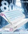 Compact 60 Percent Wired Mechanical Gaming Keyboard Featuring Magnetic Rapid Trigger Switches And Dope 8K Polling Rate With White Carbon Fiber Top Plate And Crisp Rgb Lighting For Your Badass Setup viewed from the top with RGB lighting.