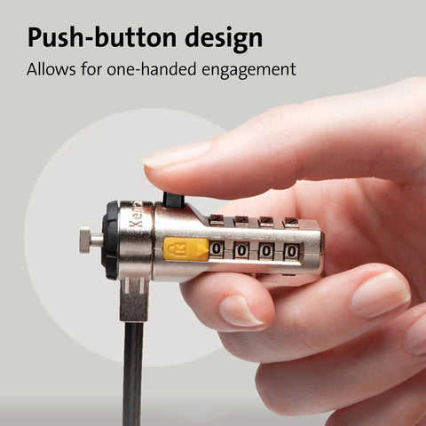 Get Your Hands On This Badass Laptop Security Cable Lock With Sweet Push Button Design And Resettable Four Digit Combination Code On Six Foot Cut Resistant Steel Wire For Office, close-up of push-button mechanism.
