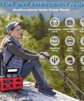 Person using Emergency Radio With NOAA Weather Radio And AM FM Bands 10000mAh Power Bank USB Solar And Hand Crank Charging outdoors