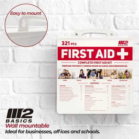 Front view of M2 BASICS Premium 321-piece first aid kit in a white hard-shell wall-mountable case.
