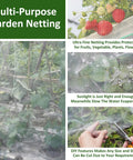 Multi-purpose garden netting over plants with strawberries, protecting fruits, vegetables, and flowers from pests in raised beds.