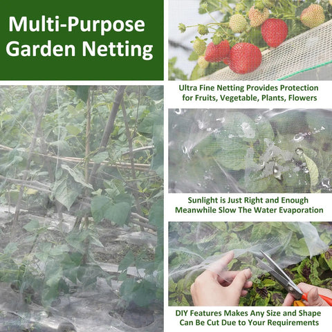 Multi-purpose garden netting over plants with strawberries, protecting fruits, vegetables, and flowers from pests in raised beds.