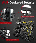 Beefed Up 1500 Lbs Hydraulic Motorcycle Lift for Dirt Bikes ATVs and UTVs with Footplates Long Handle Four Wheels and Two Ratchet Belts