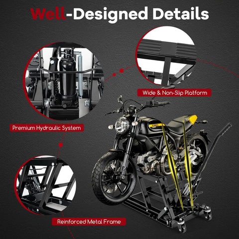 Beefed Up 1500 Lbs Hydraulic Motorcycle Lift for Dirt Bikes ATVs and UTVs with Footplates Long Handle Four Wheels and Two Ratchet Belts