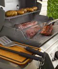 Precision 3 Piece Grilling Tool Set With Stainless Steel Tongs Spatula And Silicone Basting Brush in use at backyard barbecue