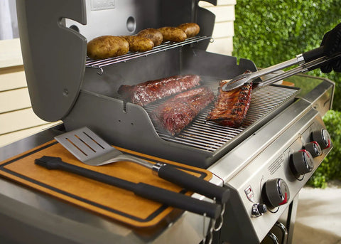 Precision 3 Piece Grilling Tool Set With Stainless Steel Tongs Spatula And Silicone Basting Brush in use at backyard barbecue