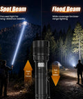 Ultra Bright USB C Rechargeable Flashlight With Four Modes, 5000mAh Battery illuminating mountain and forest scene