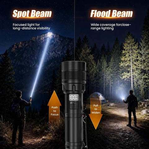 Ultra Bright USB C Rechargeable Flashlight With Four Modes, 5000mAh Battery illuminating mountain and forest scene