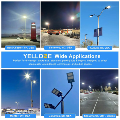 Image collage of LED street lights in various locations, showcasing wide applications and bright illumination for public spaces.