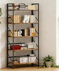 Sleek Five Tier Folding Bookshelf with vintage wood shelves and heavy duty metal frame, 23W x 60H x 12D inches, styled in living room.