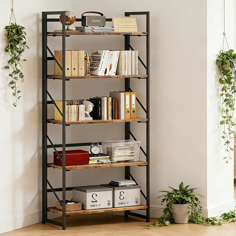 Sleek Five Tier Folding Bookshelf with vintage wood shelves and heavy duty metal frame, 23W x 60H x 12D inches, styled in living room.
