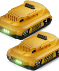High Capacity 4 Amp Hour Replacement Battery Compatible With 20 Volt Max Cordless Drills Impact Drivers And Reciprocating Saws Two Pack showing two DCB203 lithium batteries with charge indicators.