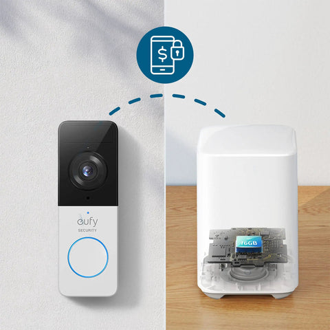 Battery Powered Video Doorbell 2E with 2K Live View, Wide Dynamic Range and HomeBase connected wirelessly on table.
