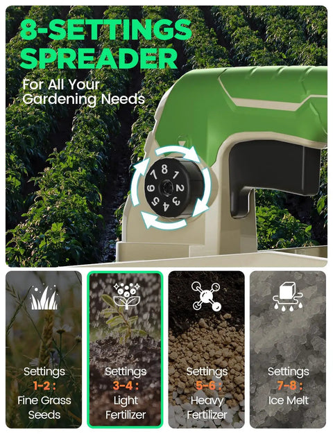 Close-up of settings dial on Hand Grass Seed Spreader For Lawns With 3.3L Hopper, 8 level settings for seed, fertilizer, salt.