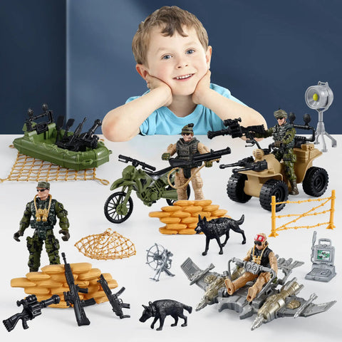 Rugged Army Men Play Set With Realistic Weapons For Kids Boys with soldiers, vehicles, and accessories displayed on a table.