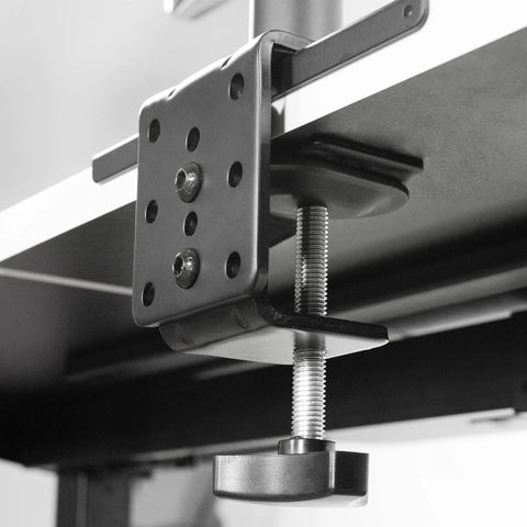 Heavy Duty Steel Reinforcement Bracket And Mount Plate For Glass Or Thin Desks Secures C Clamp Monitor Arm with mounted hardware.