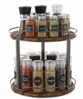 Dual Deck Lazy Susan Rotating Turntable Cabinet Organizer For Kitchen Spice Rack And Bulk Condiment Storage Rolls Super Smooth Ball Bearing Spin with spices on wooden shelves.