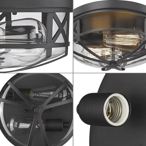 Close-up of Dope Flush Mount Ceiling Light Fixtures For Indoor Outdoor Use With Glass Shade 2 Light E26 Aluminum Black Round Frame