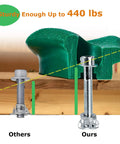 Green climbing hold with mounting bolts labeled 'Ours' and 'Others', each hold supporting up to 440 lbs, for DIY climbing walls.