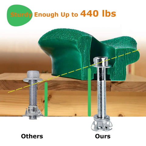 Green climbing hold with mounting bolts labeled 'Ours' and 'Others', each hold supporting up to 440 lbs, for DIY climbing walls.