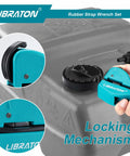 Two Piece Rubber Strap Wrench Set For Auto Oil Filter Jar Lids Adjustable From 10mm To 150mm shown in use with locking mechanism