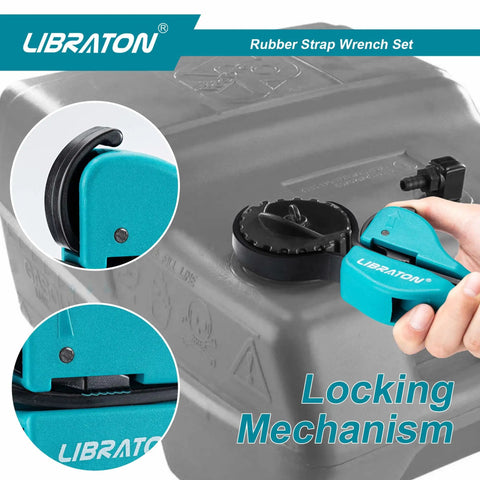 Two Piece Rubber Strap Wrench Set For Auto Oil Filter Jar Lids Adjustable From 10mm To 150mm shown in use with locking mechanism