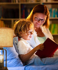 Child reading with Adult near Industrial Farmhouse Table Lamps Duo with Night Light and USB Charging, linen drum shade