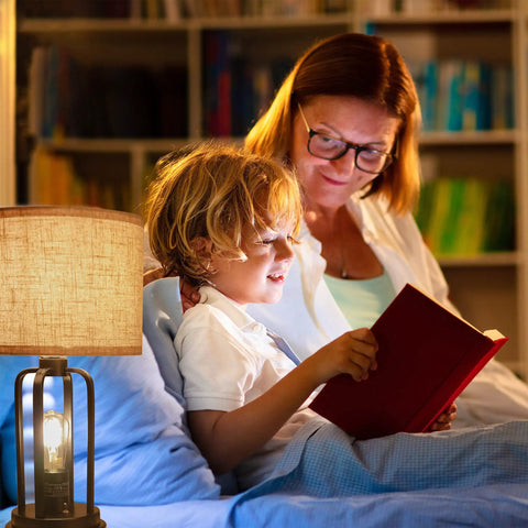 Child reading with Adult near Industrial Farmhouse Table Lamps Duo with Night Light and USB Charging, linen drum shade