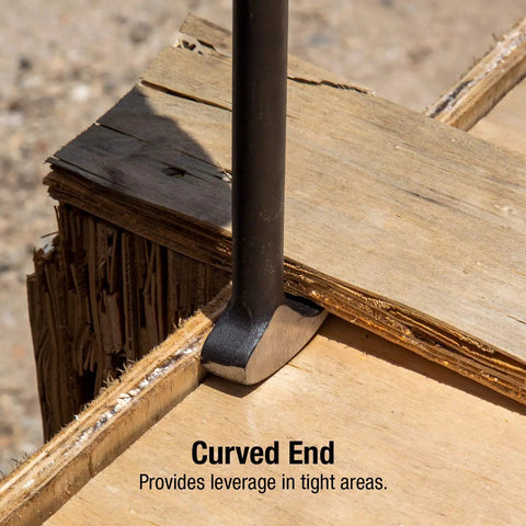 Curved end of Beefy Rolling Head Pry Bar Set 6 Inch To 20 Inch Four Piece Heavy Duty Pry Bars with Hook End in use on wood.