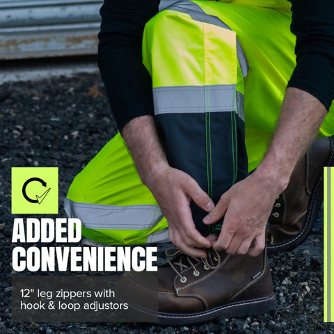 Hi Vis Ripstop Waterproof Bib Pants For Men, Reflective Safety Overalls with 12" leg zippers, 300D PU Coated Lined Construction