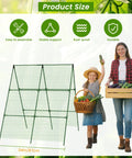 Cucumber Trellis 35 Inch By 50 Inch A Frame Garden Trellis For Climbing Plants with measurement diagram and family harvesting vegetables