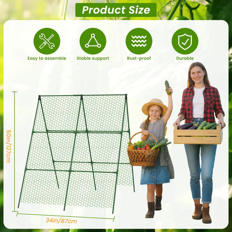 Cucumber Trellis 35 Inch By 50 Inch A Frame Garden Trellis For Climbing Plants with measurement diagram and family harvesting vegetables