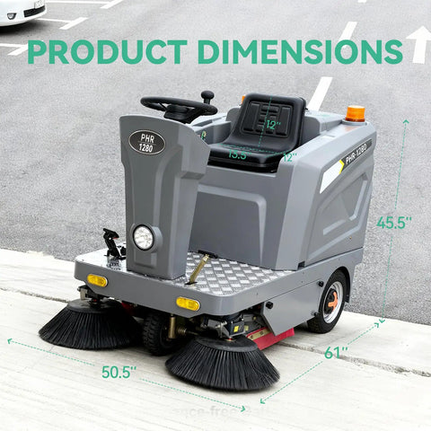 Top Shelf Ride On Floor Sweeper Kicking Dust At 92000 Sq Ft Per Hour with dimensions 61x50.5x45.5 inches for warehouse use.