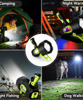 Rechargeable 2 Million Lumen Spotlight With Beastly Bright LED shown in camping, night warning, fishing, and dog walking scenarios