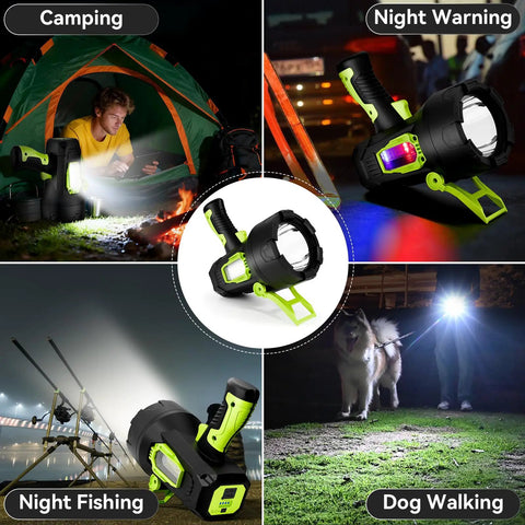 Rechargeable 2 Million Lumen Spotlight With Beastly Bright LED shown in camping, night warning, fishing, and dog walking scenarios