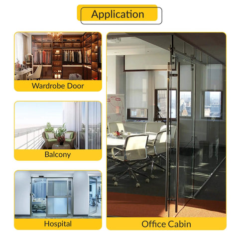 Application images for wardrobe door, balcony, hospital, and office cabin showcasing patio door wheel kit uses.